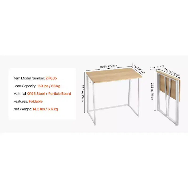 Bureau pliable, table pliable de 80 cm pour petits espaces avec crochets de rangement