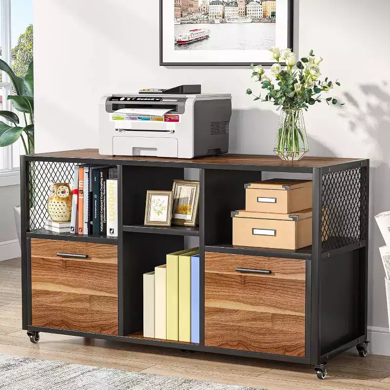 Lantine 2-Drawer Wood File Cabinets, Modern Mobile Lateral Filing Cabinet for Letter/A4 Size with Printer Stand for Home Office, Rustic Walnut