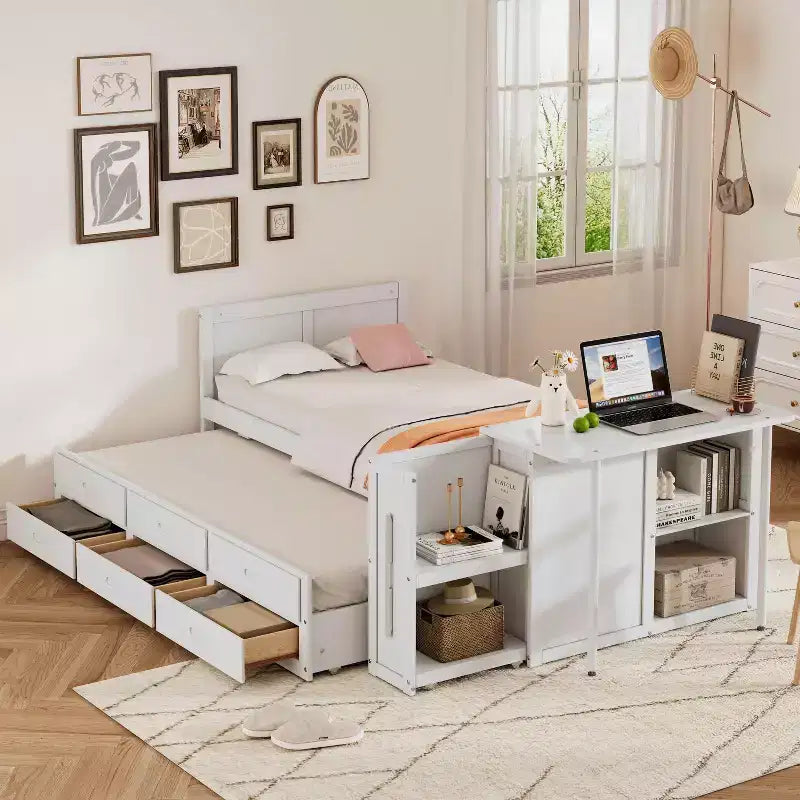 MAYEERTY Twin Size Multifunctional Wood Platform Bed with Desk Storage Shelf Trundle 3 Drawers for Bedroom White