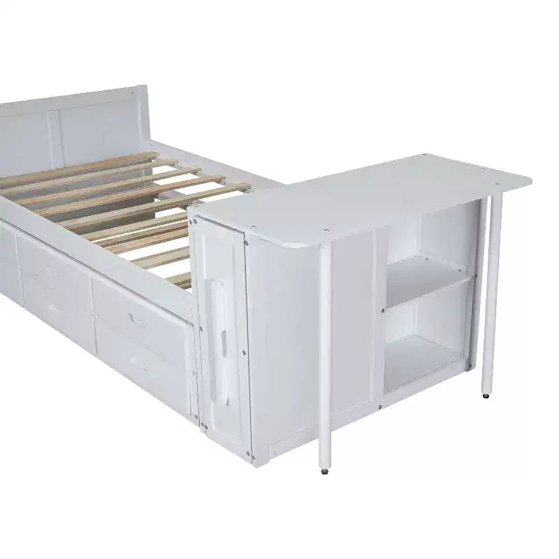 Lit plateforme double multifonctionnel en bois avec bureau, étagère de rangement, lit gigogne et 3 tiroirs