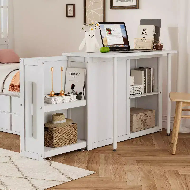 Lit plateforme double multifonctionnel en bois avec bureau, étagère de rangement, lit gigogne et 3 tiroirs