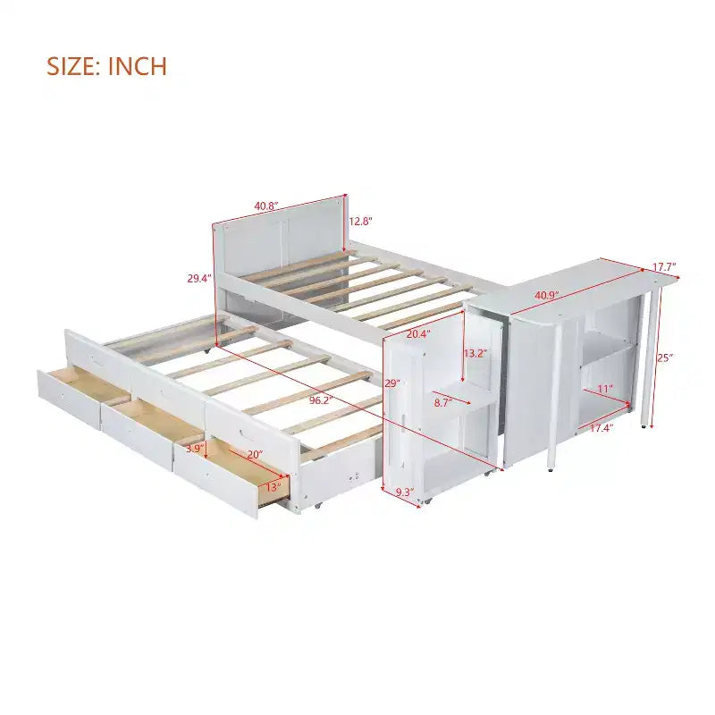 Lit plateforme double multifonctionnel en bois avec bureau, étagère de rangement, lit gigogne et 3 tiroirs