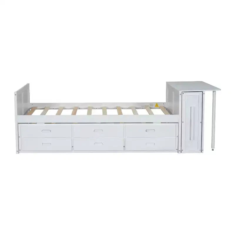 Lit plateforme double multifonctionnel en bois avec bureau, étagère de rangement, lit gigogne et 3 tiroirs
