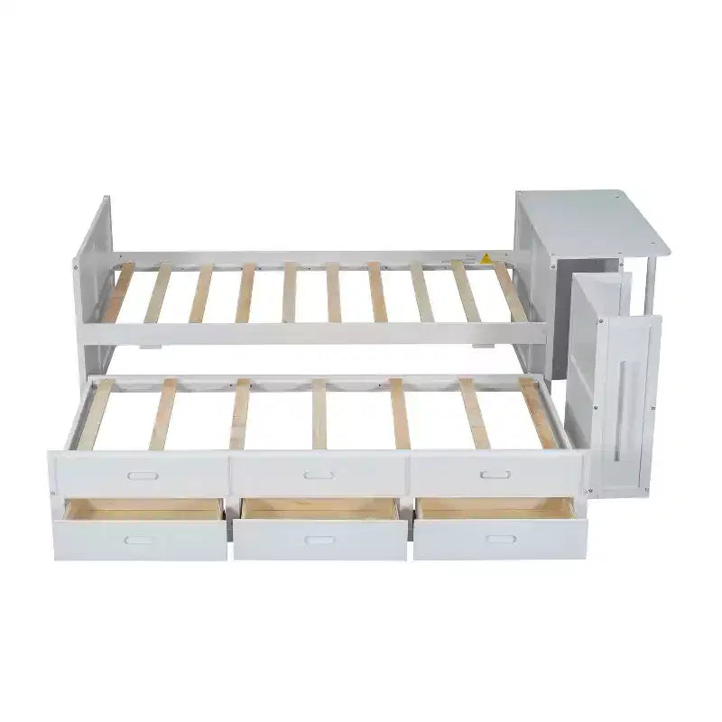 Lit plateforme double multifonctionnel en bois avec bureau, étagère de rangement, lit gigogne et 3 tiroirs