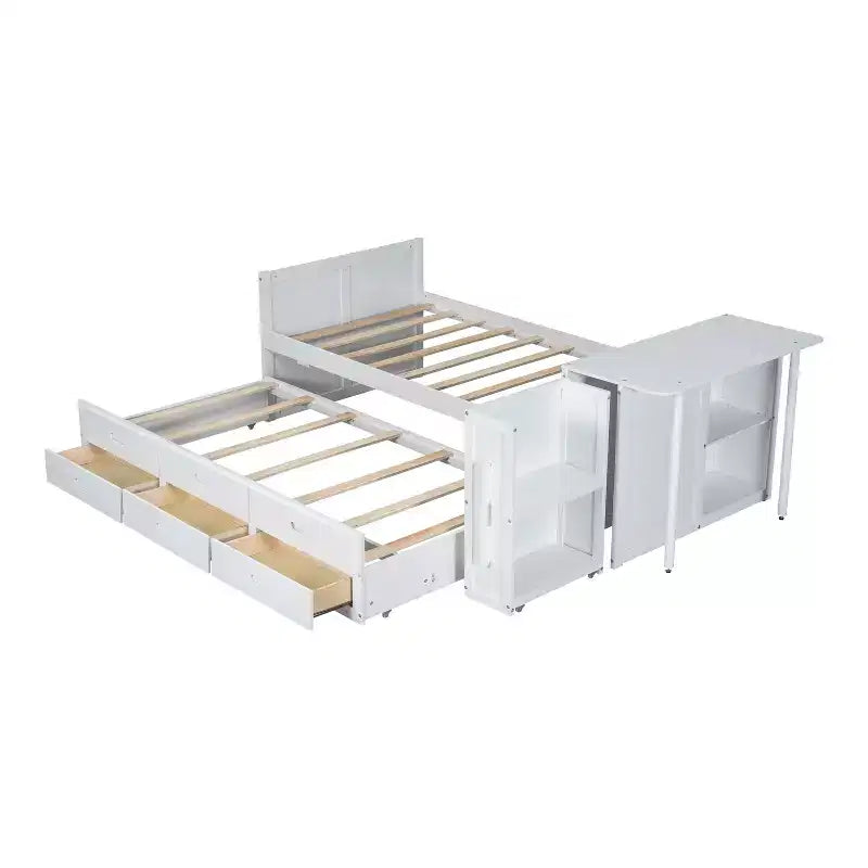 Lit plateforme double multifonctionnel en bois avec bureau, étagère de rangement, lit gigogne et 3 tiroirs