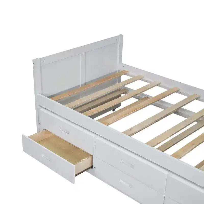 Lit plateforme double multifonctionnel en bois avec bureau, étagère de rangement, lit gigogne et 3 tiroirs