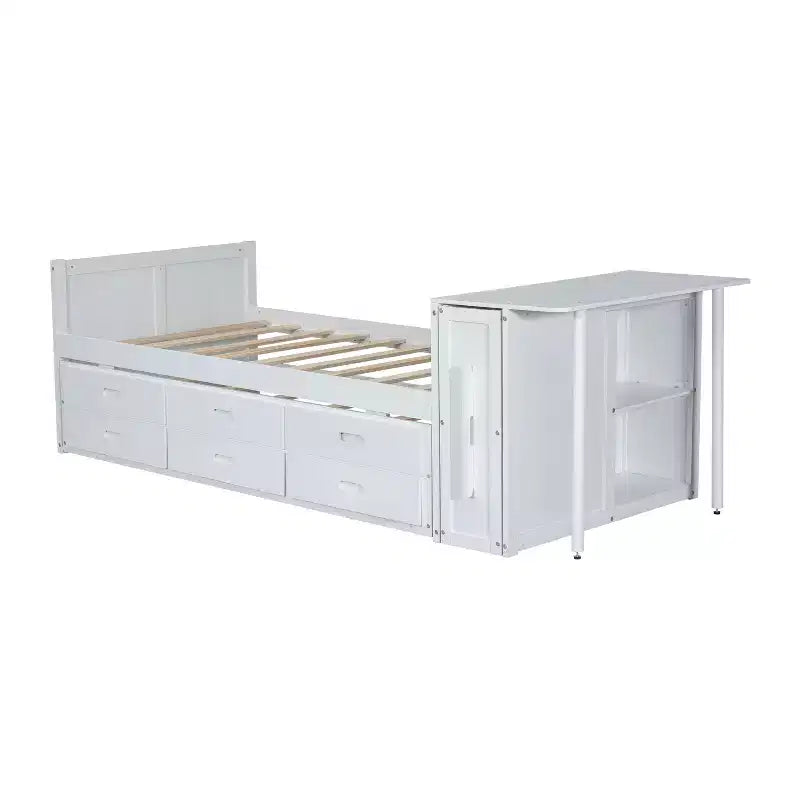 Lit plateforme double multifonctionnel en bois avec bureau, étagère de rangement, lit gigogne et 3 tiroirs