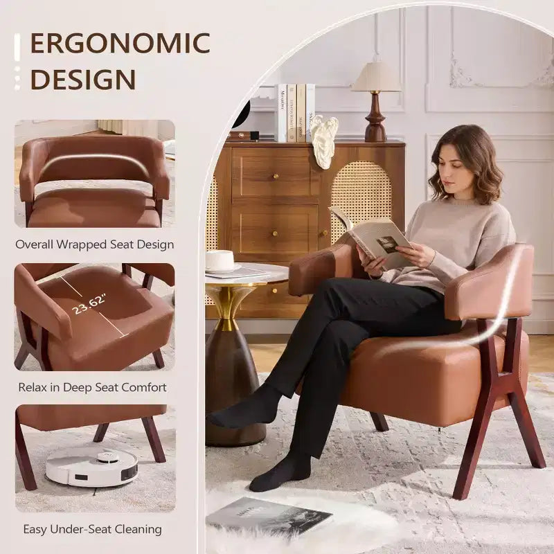 Chaise d'appoint rembourrée de style milieu de siècle avec assise revêtue de similicuir