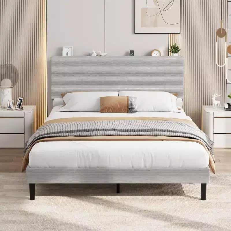 Queen Bed Frame, Velvet Adjustable Upholstered Platform Bed Frame with Charging Station, Adjustable Storage Headboard, No Box Spring Needed