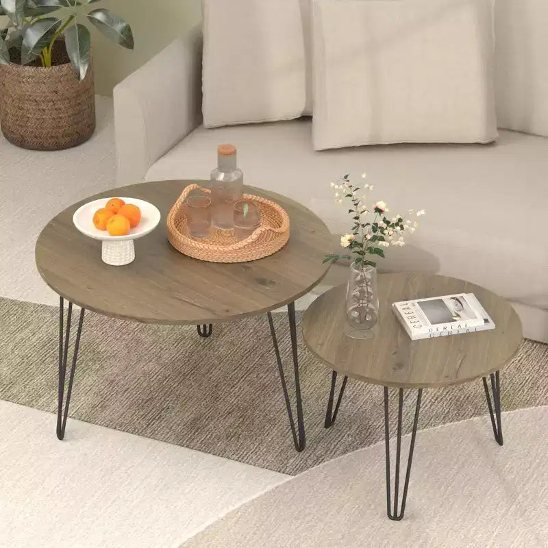 27.56 Round Nesting Table Set of 2, Rustic Brown Wood-Look Tops, Sturdy Metal Base, Space-Saving Accent End Tables