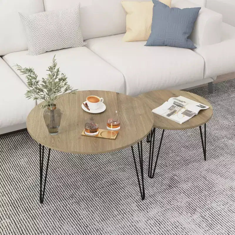 Tables gigognes rondes, plateaux aspect bois marron rustique, base métallique robuste