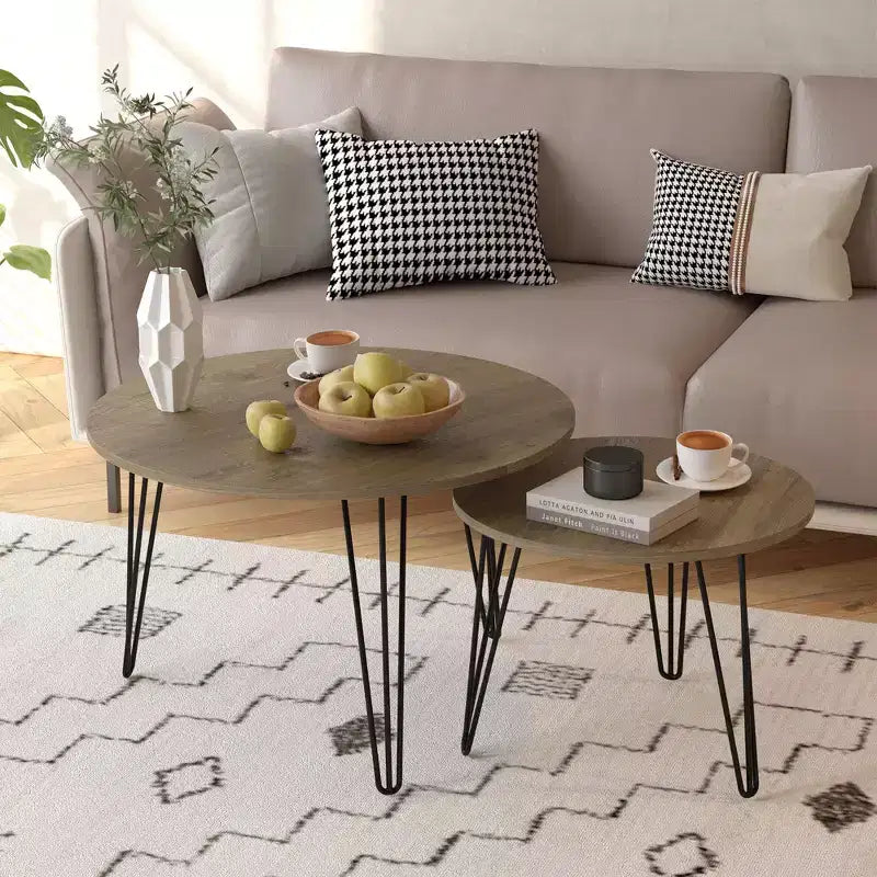 Tables gigognes rondes, plateaux aspect bois marron rustique, base métallique robuste