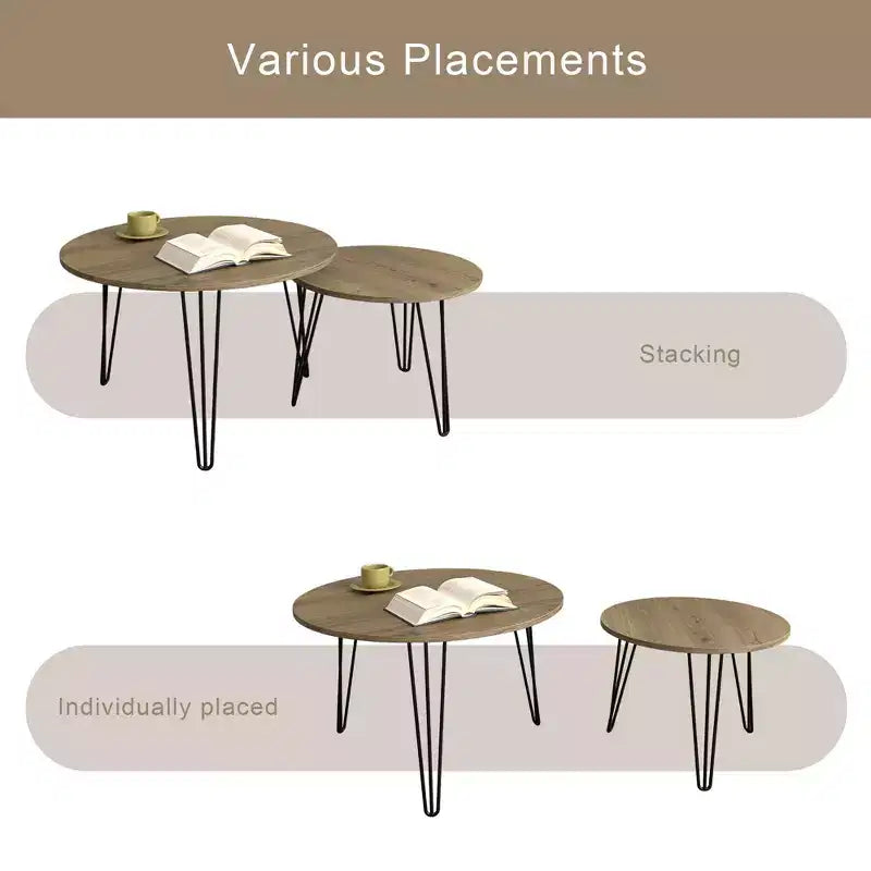 Tables gigognes rondes, plateaux aspect bois marron rustique, base métallique robuste