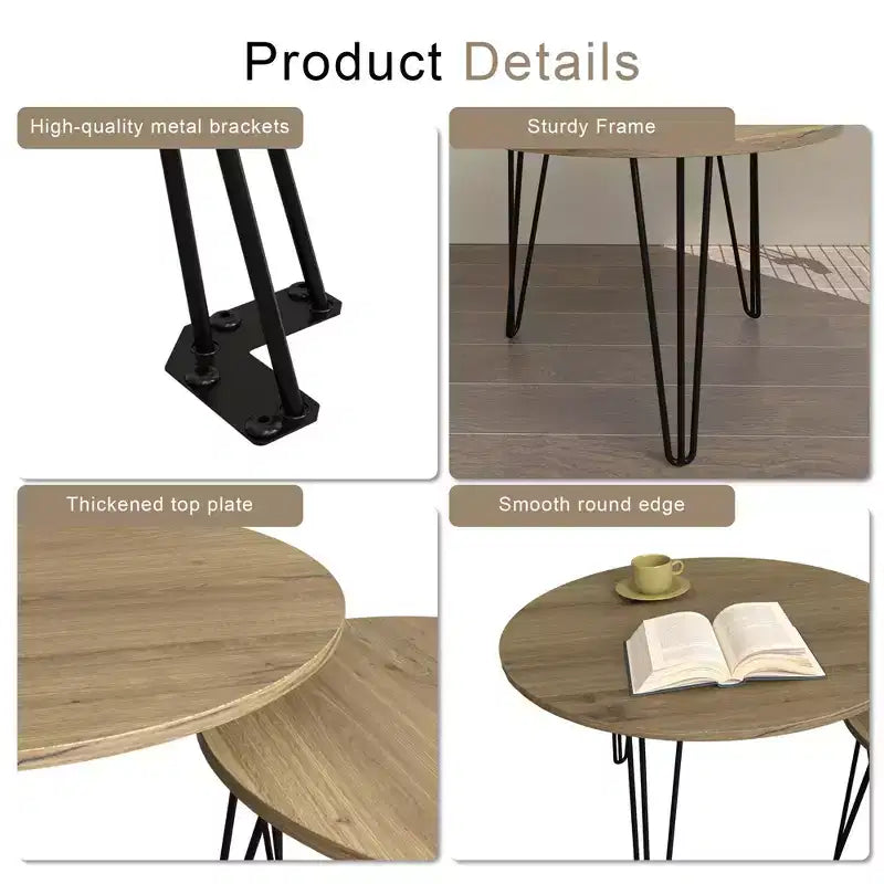 Tables gigognes rondes, plateaux aspect bois marron rustique, base métallique robuste