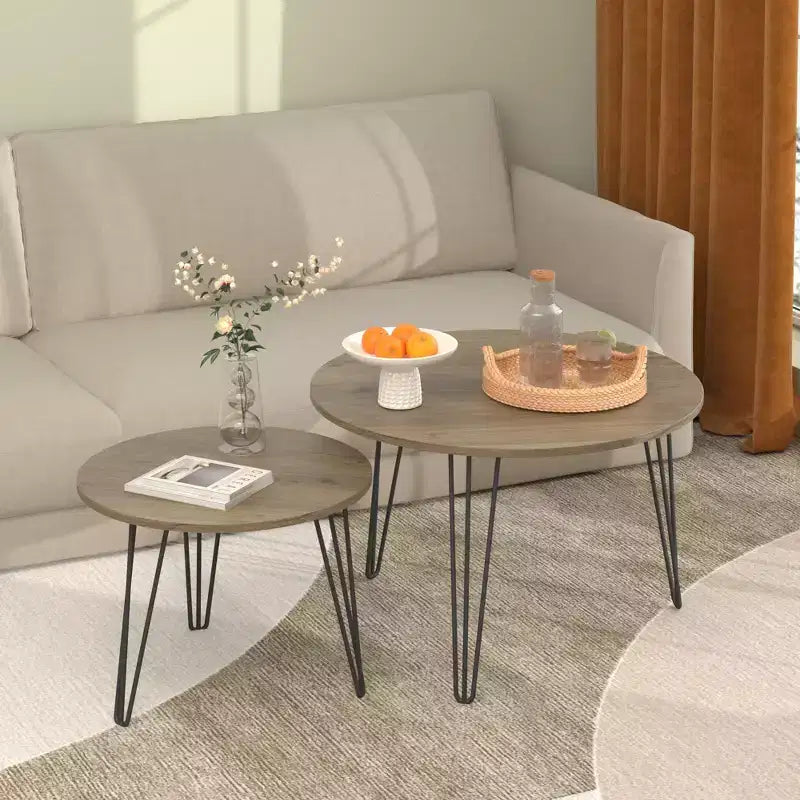 Tables gigognes rondes, plateaux aspect bois marron rustique, base métallique robuste
