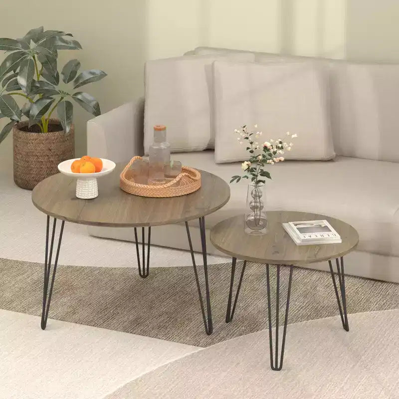 Tables gigognes rondes, plateaux aspect bois marron rustique, base métallique robuste