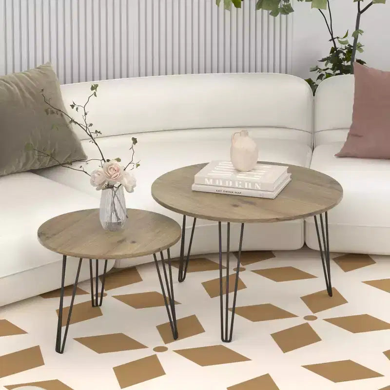 Tables gigognes rondes, plateaux aspect bois marron rustique, base métallique robuste
