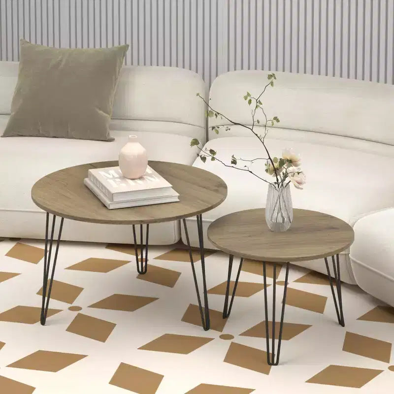 Tables gigognes rondes, plateaux aspect bois marron rustique, base métallique robuste