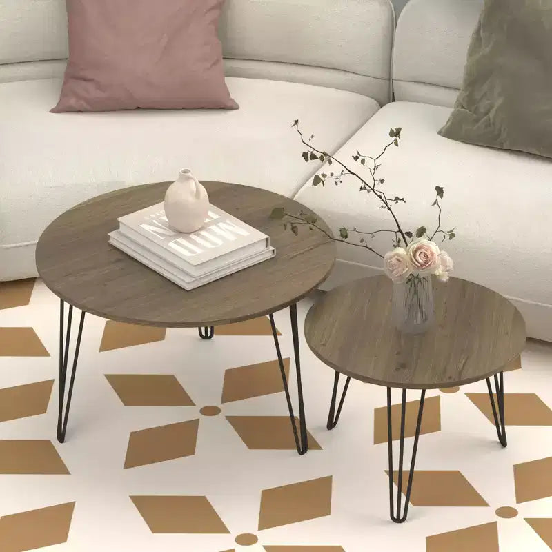 Tables gigognes rondes, plateaux aspect bois marron rustique, base métallique robuste