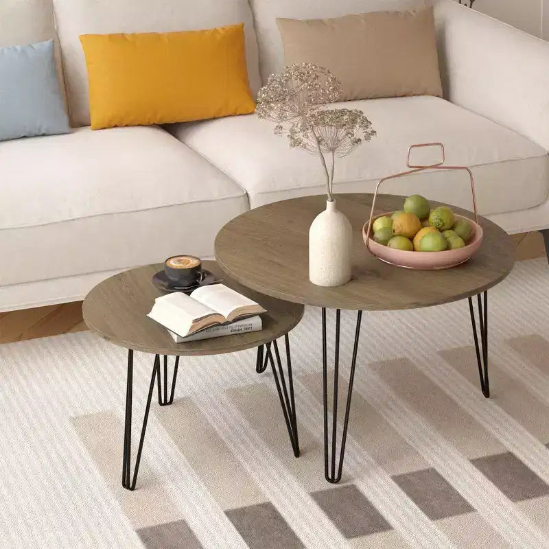 Tables gigognes rondes, plateaux aspect bois marron rustique, base métallique robuste