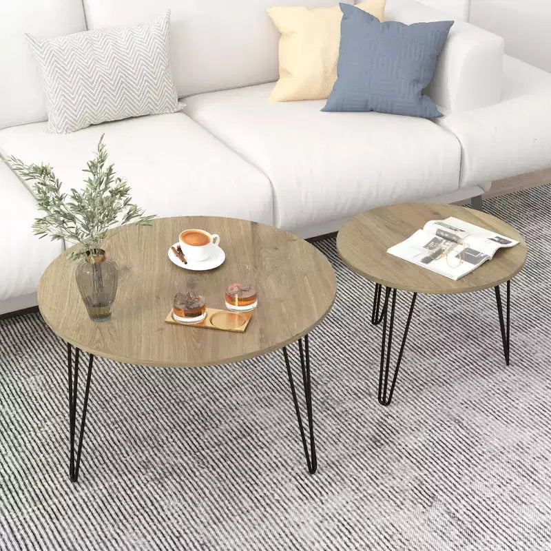Tables gigognes rondes, plateaux aspect bois marron rustique, base métallique robuste