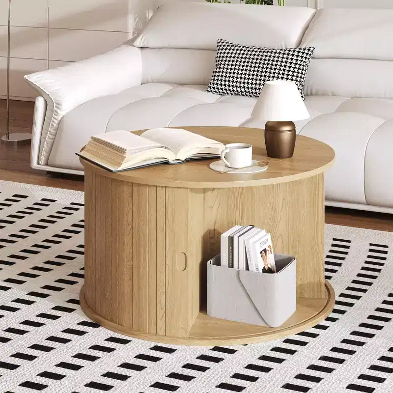 28 Round Mid-Century Modern Coffee Table  Fluted Design with Sliding Tambour Door Storage  Perfect for Living Room (1-Pack)