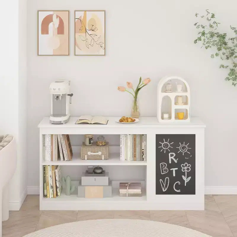 3-in-1 Kids Bookshelf and Toy Storage Cabinet with Chalkboard C Modern White Organizer for Playroom