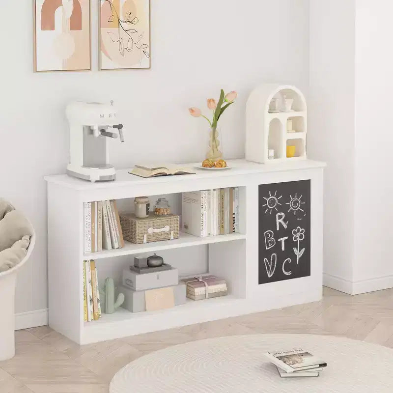 Étagère à Livres et Meuble de Rangement pour Jouets 3-en-1 avec Tableau Noir, Organiseur Moderne Blanc pour Enfants