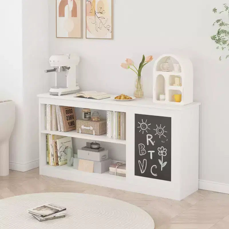 Étagère à Livres et Meuble de Rangement pour Jouets 3-en-1 avec Tableau Noir, Organiseur Moderne Blanc pour Enfants