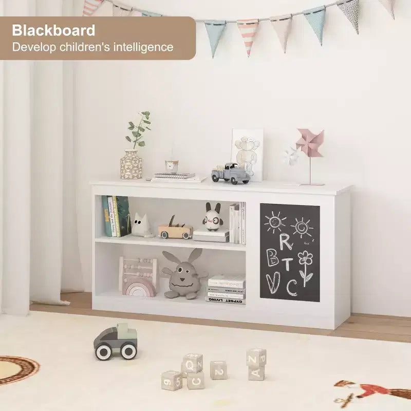 Étagère à Livres et Meuble de Rangement pour Jouets 3-en-1 avec Tableau Noir, Organiseur Moderne Blanc pour Enfants