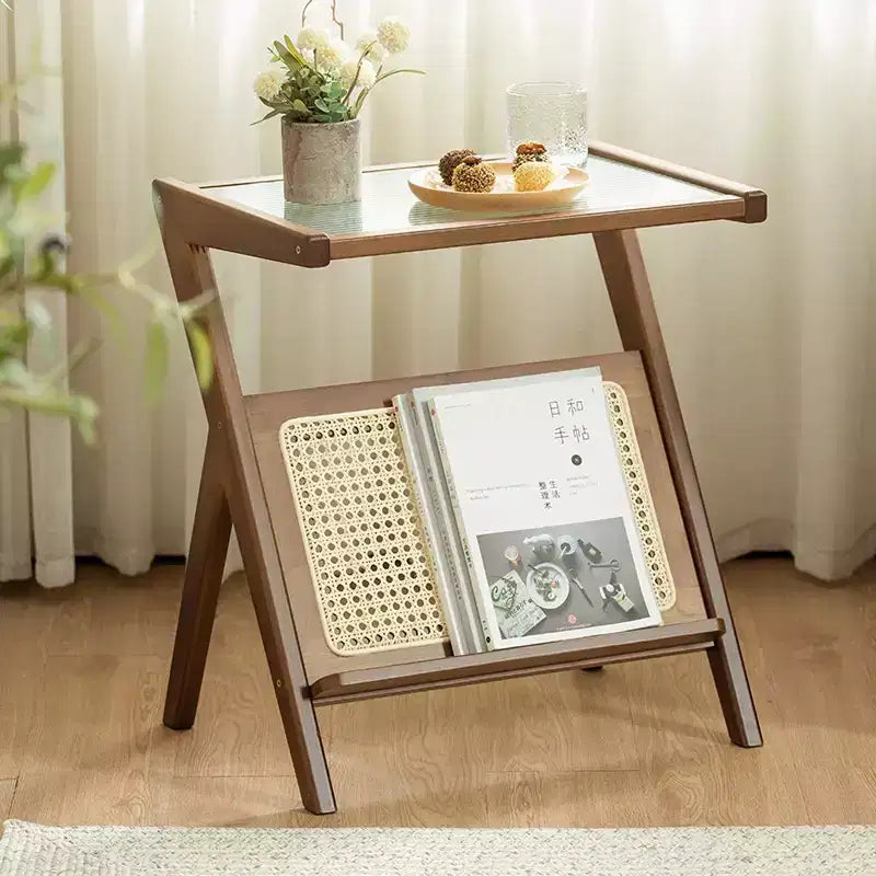 GDFStudio Zack Boho Bamboo Rattan Side Table with Glass Top