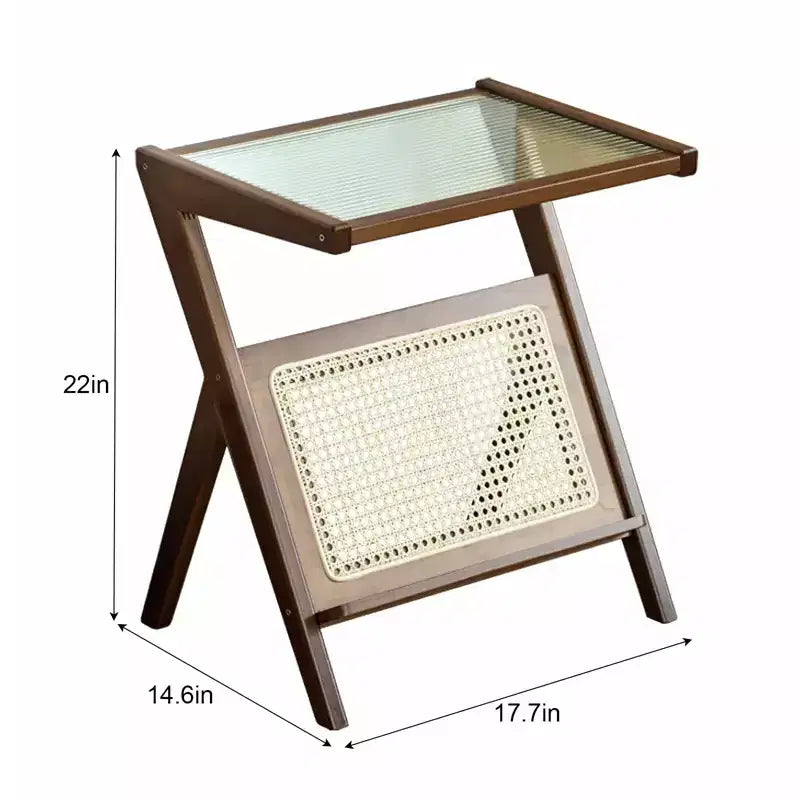 Table d'appoint bohème en bambou et rotin avec plateau en verre