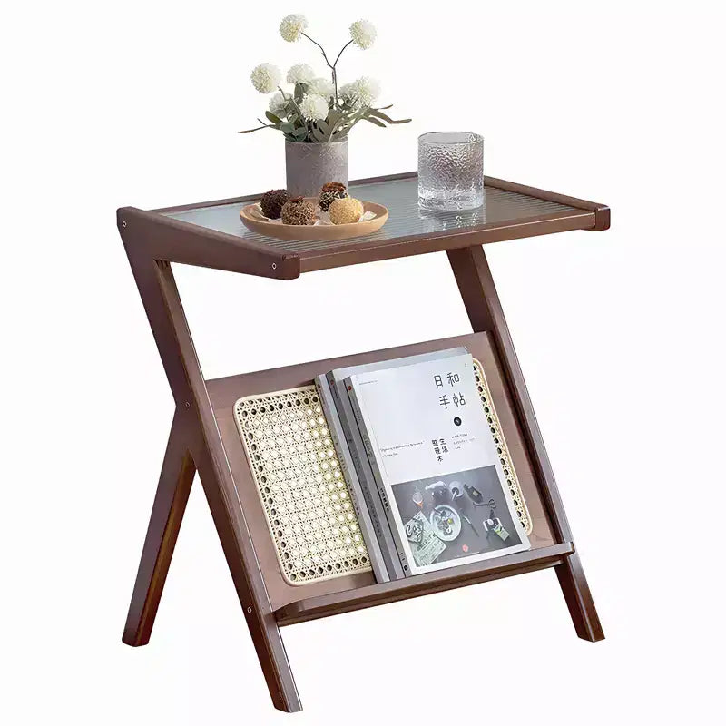Table d'appoint bohème en bambou et rotin avec plateau en verre