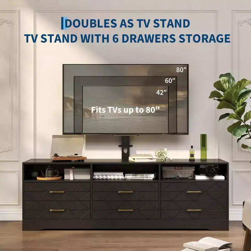 Meuble TV avec support pour téléviseurs de 35 à 85 pouces, centre de divertissement à 6 tiroirs