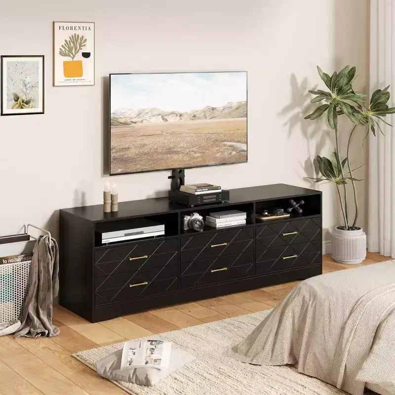 Meuble TV avec support pour téléviseurs de 35 à 85 pouces, centre de divertissement à 6 tiroirs