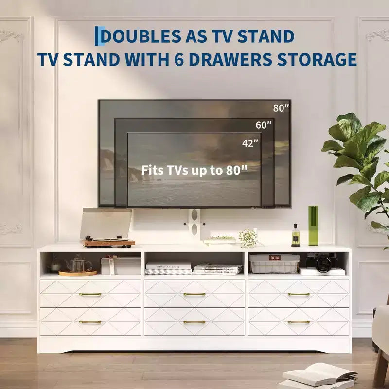 Meuble TV avec support pour téléviseurs de 35 à 85 pouces, centre de divertissement à 6 tiroirs