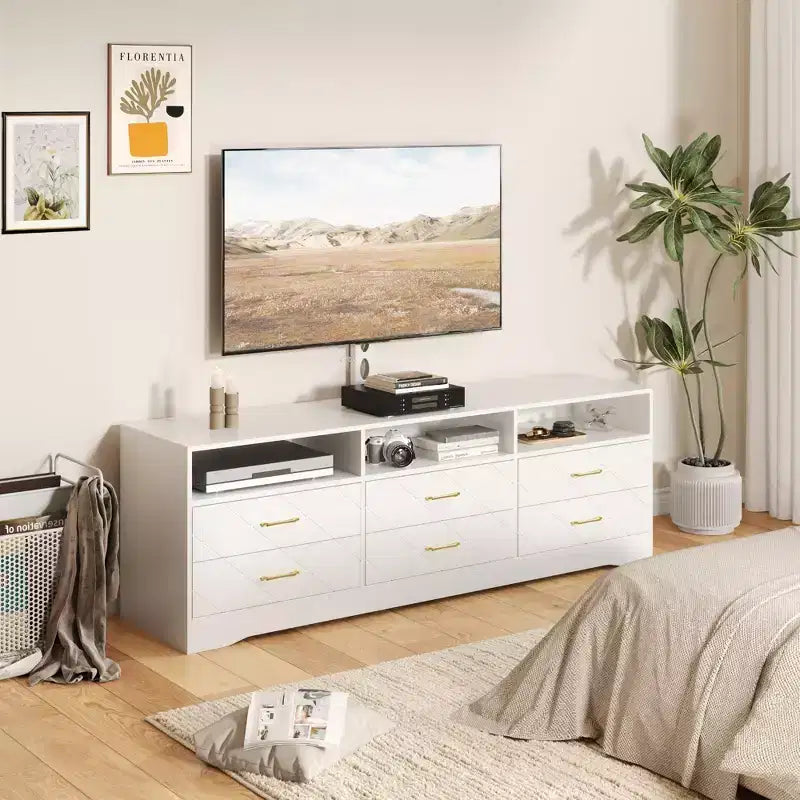 Meuble TV avec support pour téléviseurs de 35 à 85 pouces, centre de divertissement à 6 tiroirs