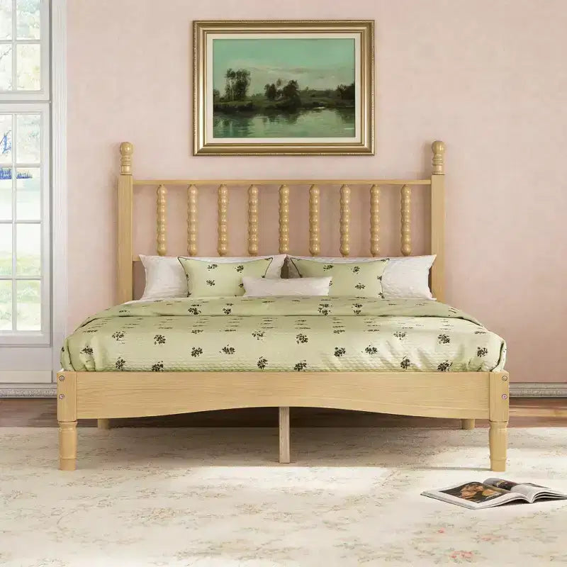 Lit plateforme rétro en bois avec tête de lit en forme de gourde