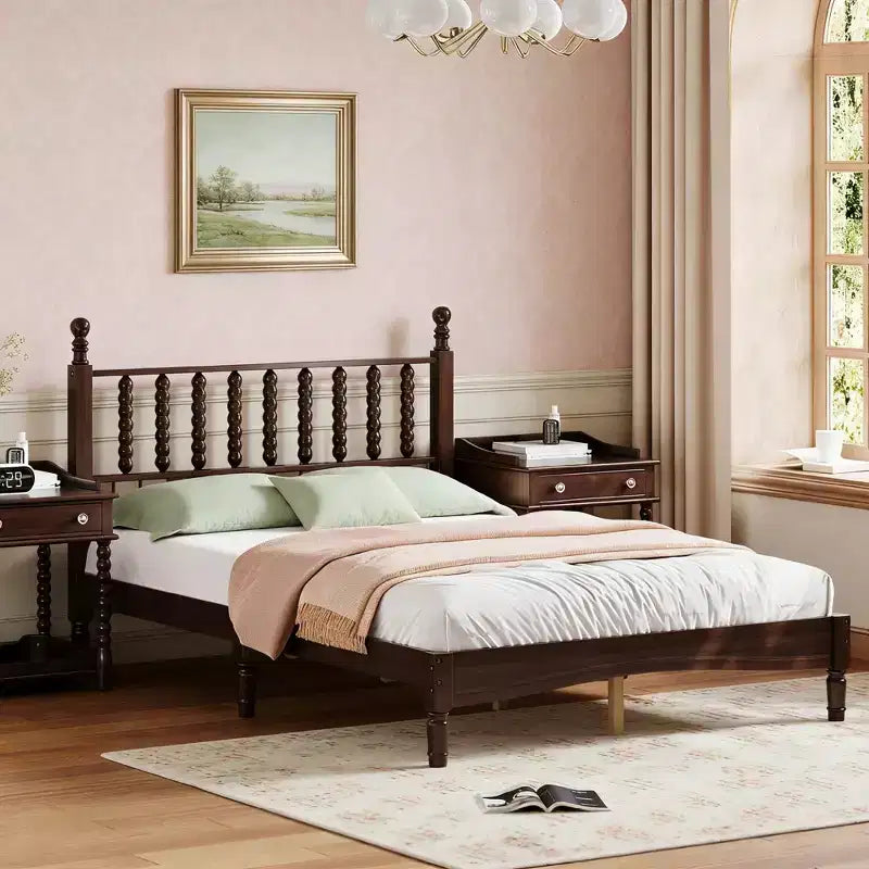 Lit plateforme rétro en bois avec tête de lit en forme de gourde