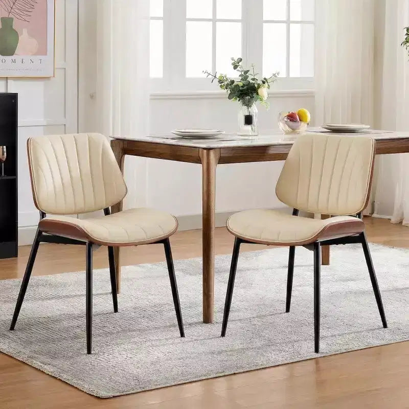 GustoWave Set of 2 Mid-Century Modern Dining Chairs, PU Leather Seat Walnut Bentwood Back Metal Legs, Vintage Kitchen Dining Room Beige