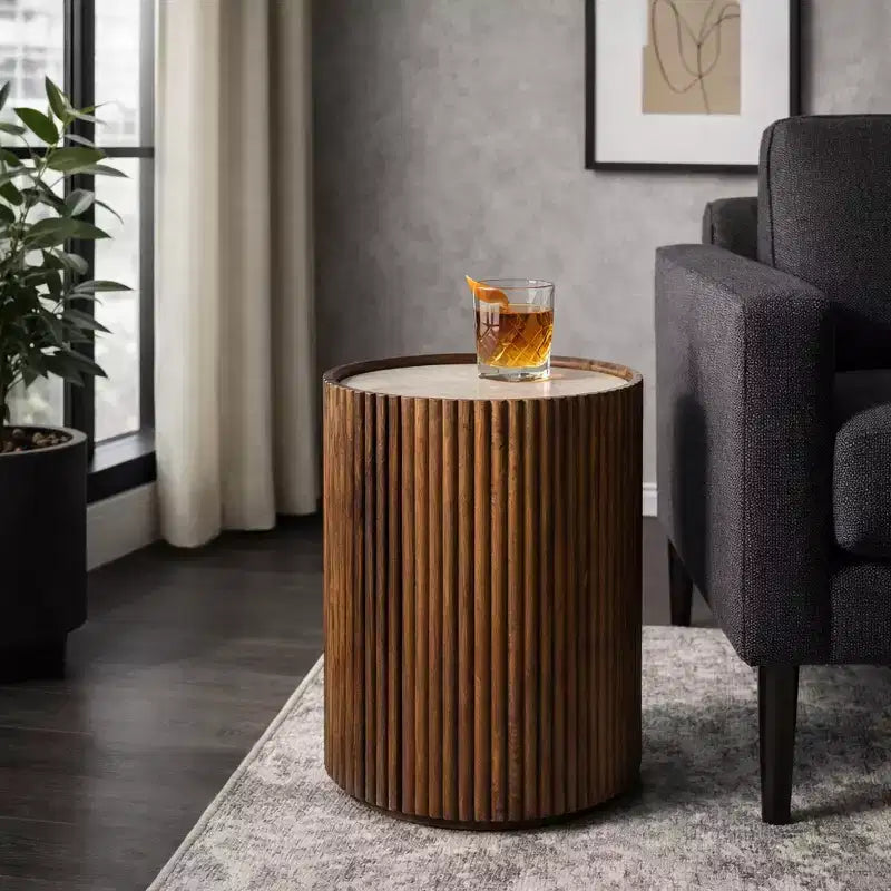 Table d'appoint décorative en bois avec plateau en marbre et rangement