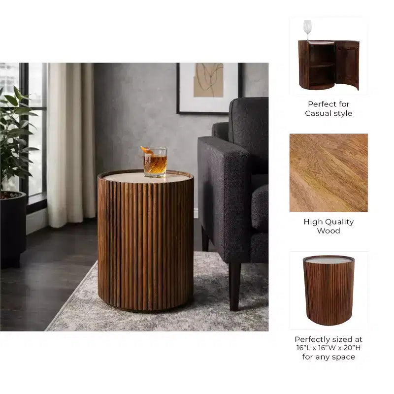Table d'appoint décorative en bois avec plateau en marbre et rangement