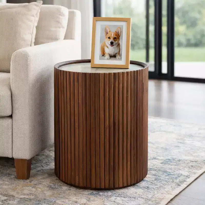 Table d'appoint décorative en bois avec plateau en marbre et rangement