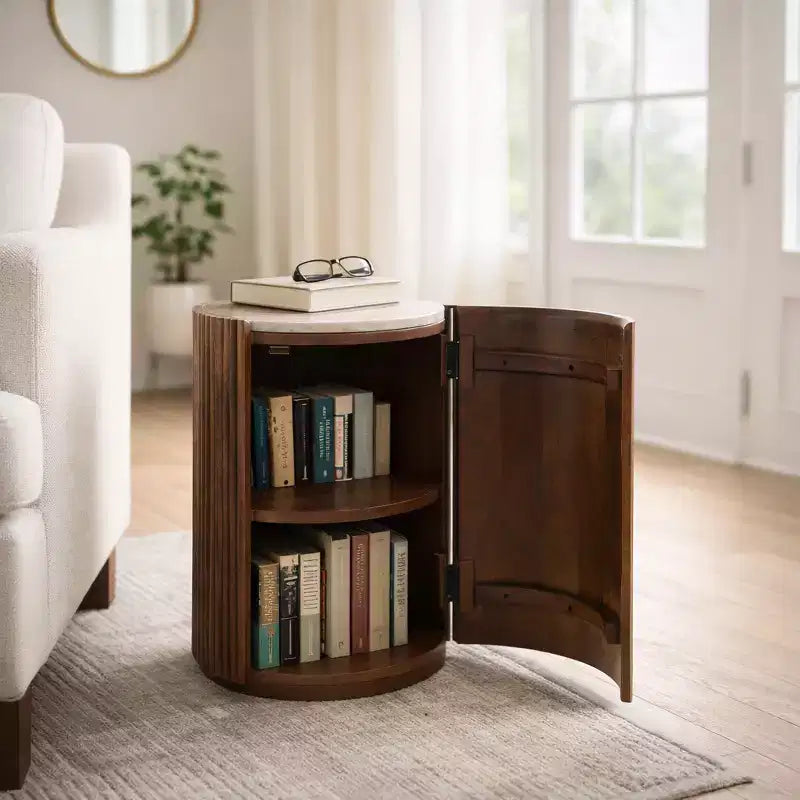 Table d'appoint décorative en bois avec plateau en marbre et rangement