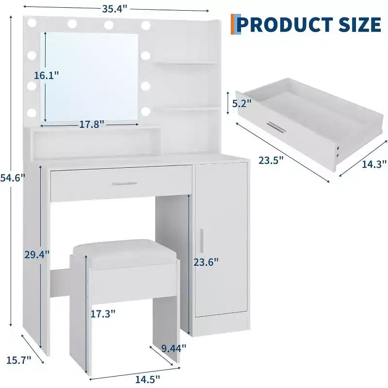 Coiffeuse avec miroir LED réglable et station de charge