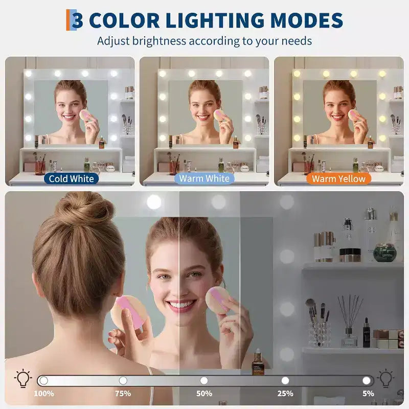 Coiffeuse avec miroir LED réglable et station de charge