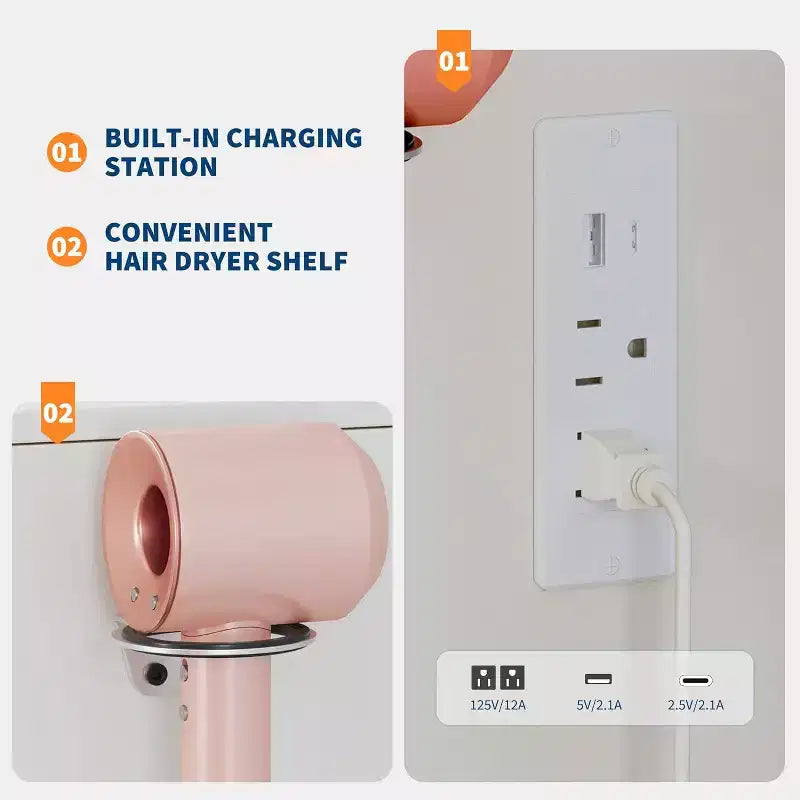 Coiffeuse avec miroir LED réglable et station de charge