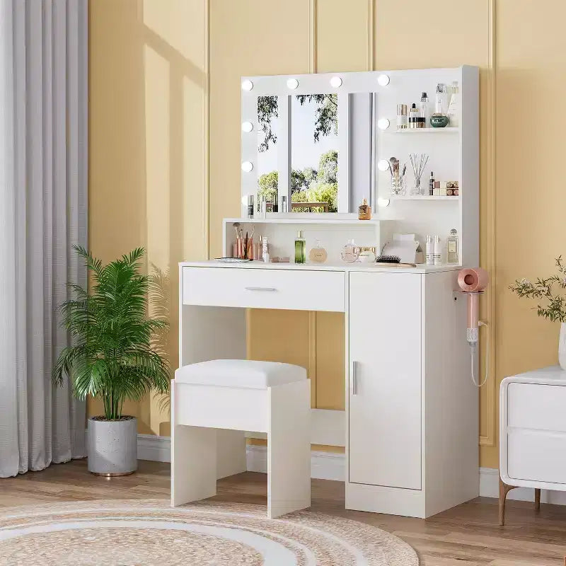 Coiffeuse avec miroir LED réglable et station de charge