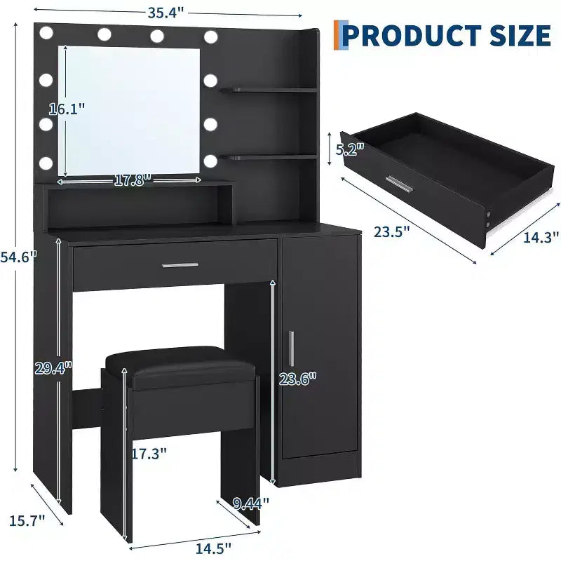 Coiffeuse avec miroir LED réglable et station de charge