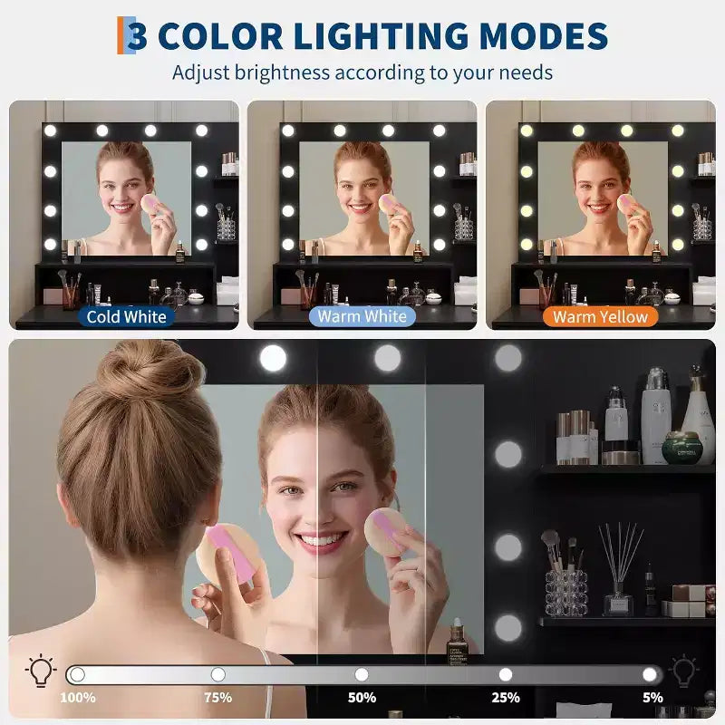 Coiffeuse avec miroir LED réglable et station de charge
